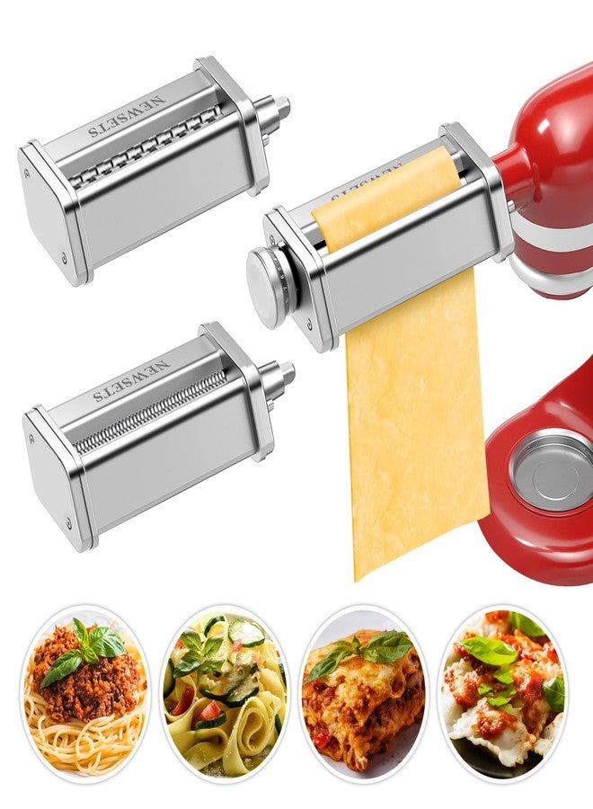 NEWSETS 3 PCS Pasta Maker Attachments for All KitchenAid Stand Mixers, Pasta Accessories Including Pasta Roller, Fettuccine Cutter, and Spaghetti Cutter for Noodle Ravioli, 304 Stainless Steel,Cleaning Crush - Image 1